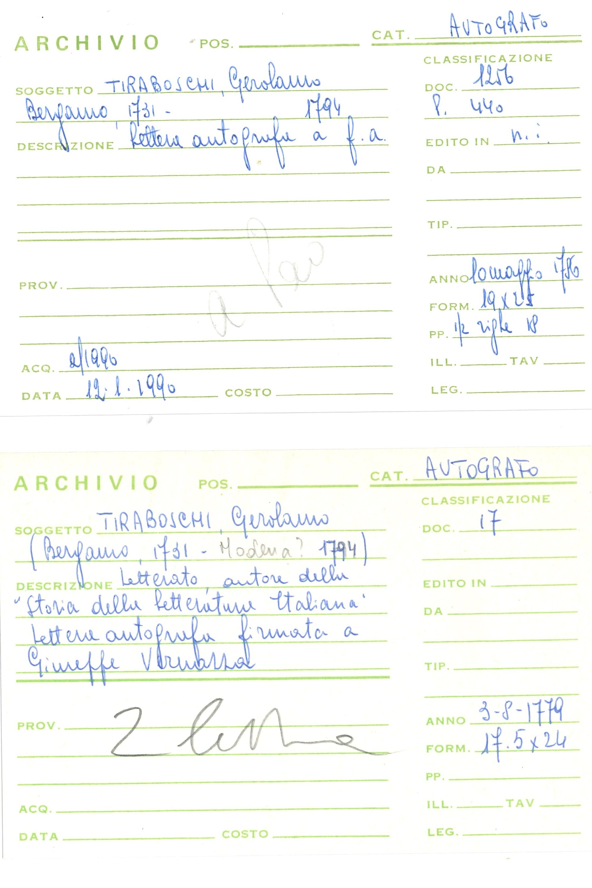 Tiraboschi Girolamo (1731-1794) Due Lettera Autografe, una a Destinatario Non Identificato e una ...