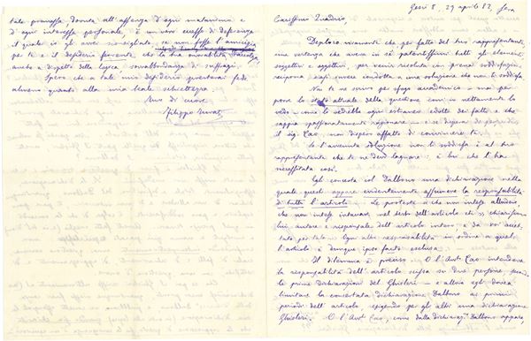 Turati Filippo (1857 - 1932) Lettera autografa a non meglio idrntificato "Quadrio"