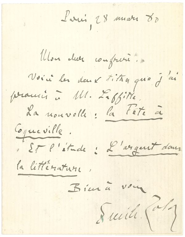 Zolà Emile (1840-1902) Biglietto autografo a un non meglio precisato "confrère"