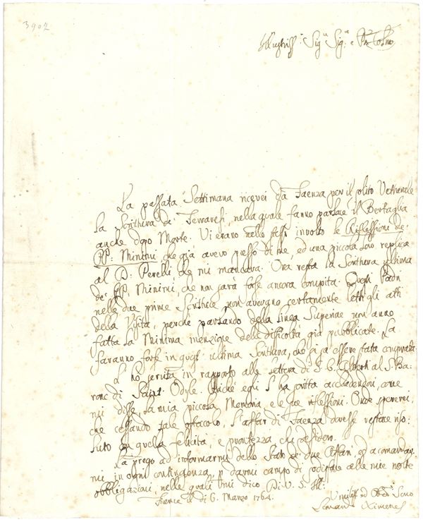 Ximènes Leonardo (1716 - 1786) Lettera autografa a destinatari non decifrabili. Firenze, 6.03.1764