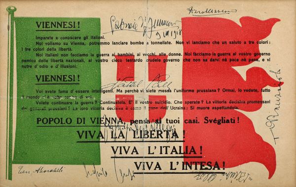 D’Annunzio Gabriele Volantino tricolore per il volo su Vienna del 9.08.1918