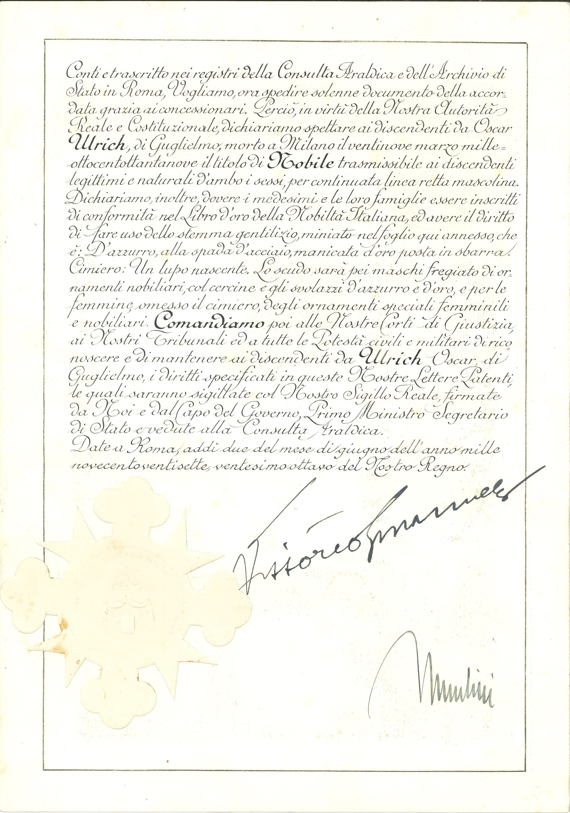 Patente Nobiliare dei Discendenti di Oscar Wrich di Guglielmo, Datata 17/03/1927