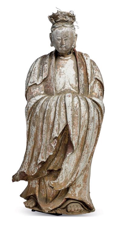 Grande e Rara Figura di Guanyin in Terracotta con Tracce di Policromia, Cina, Dinastia Ming (1368...