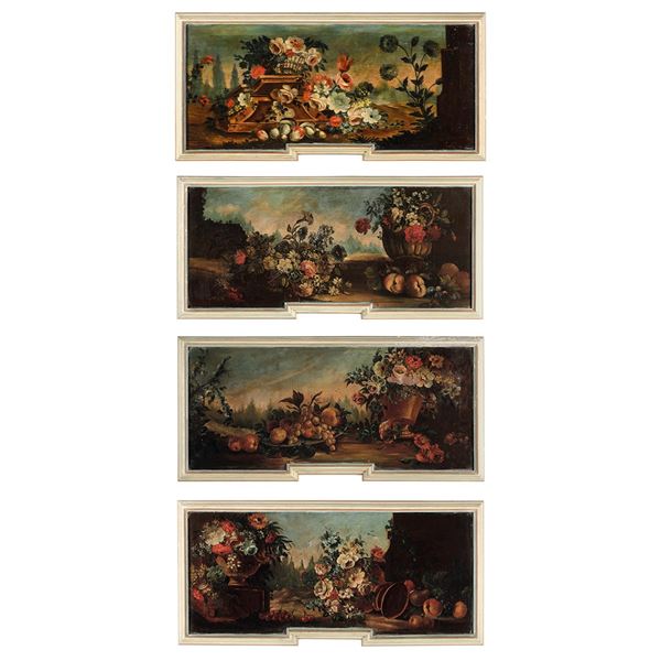 Scuola del XIX secolo Nature morte con composizioni di fiori entro paesaggi