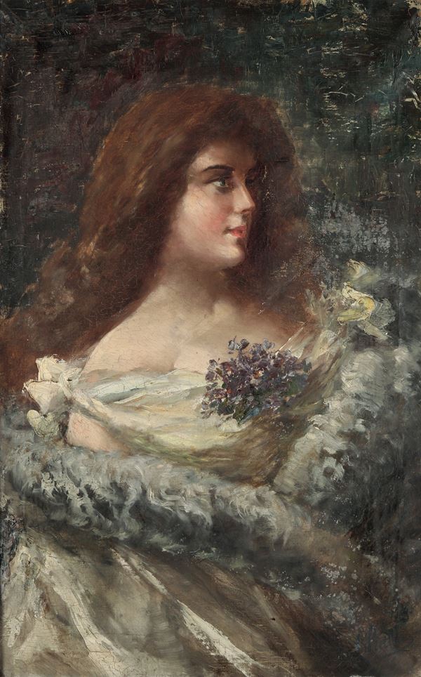 Anonimo del XIX-XX secolo Figura femminile con mazzo di fiori