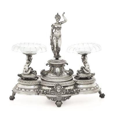 Saliera Centrotavola Argentato con con Figura Femminile. XIX-XX Secolo