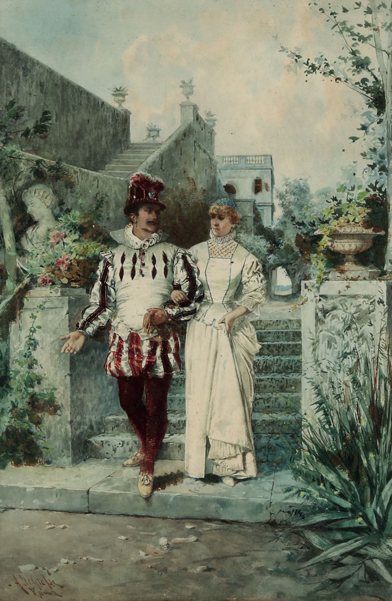 Adelchi de Grossi : Scena galante  - acquerello - Asta Sei Secoli di Arti e Arredi - III - Cambi Casa d'Aste