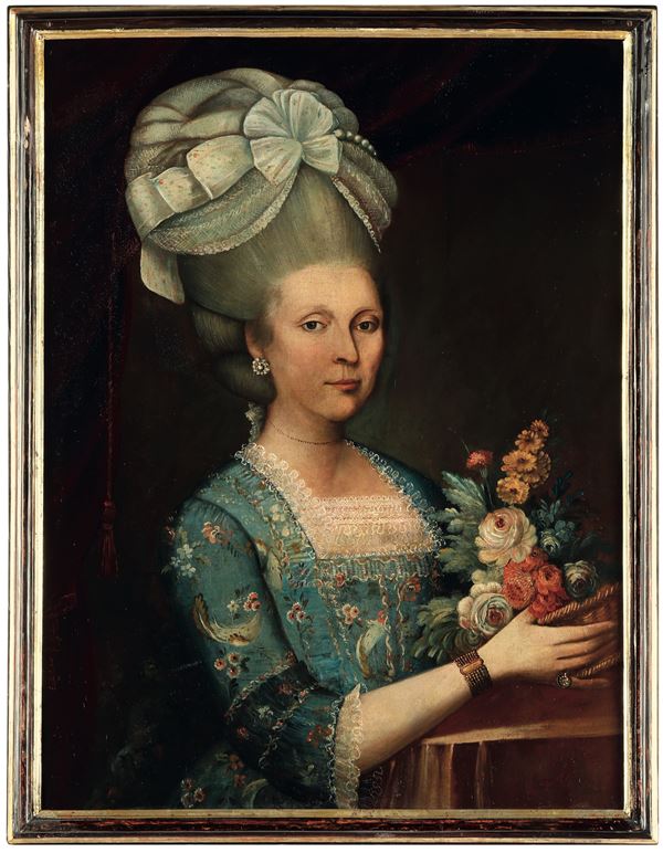 Scuola del XVIII secolo Ritratto di gentildonna con cesto di fiori
