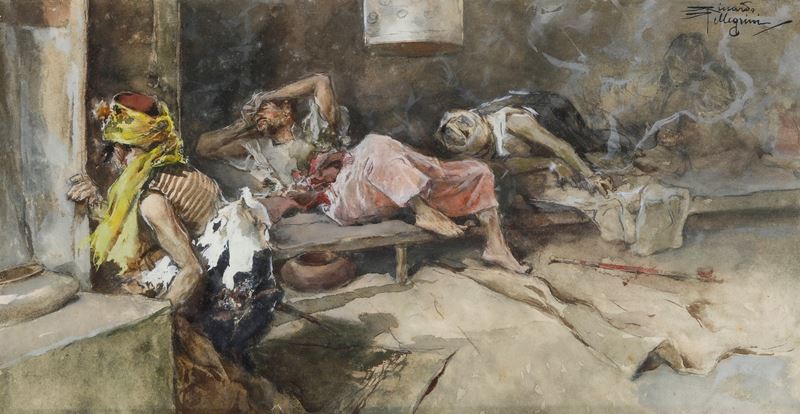 Riccardo Pellegrini : I fumatori  - acquerello e matita su carta - Asta Dipinti e Sculture del XIX-XX secolo - II - Cambi Casa d'Aste