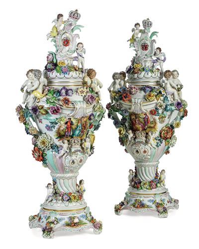 Monumentale Coppia di Vasigermania, Potschappel (sassonia), Manifattura di Carl Thieme, Prima Met...