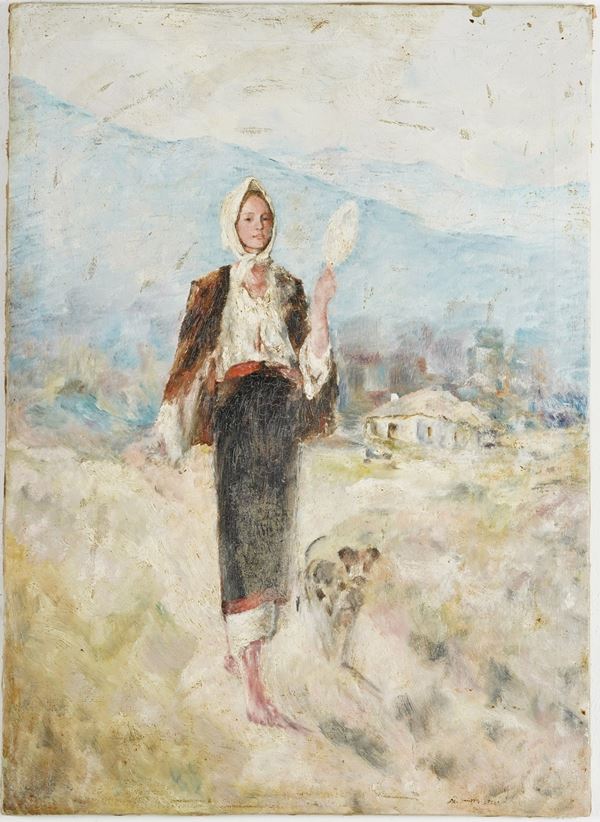 Anonimo del XIX-XX secolo, copia da Nicolae Grigorescu Contadina con un fuso