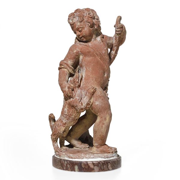 Arte italiana del XVIII-XIX secolo Bozzetto raffigurante Cupido che gioca con cane. Allegoria della fedeltà in amore