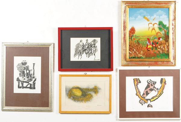 Lotto multiplo di cinque disegni e grafiche