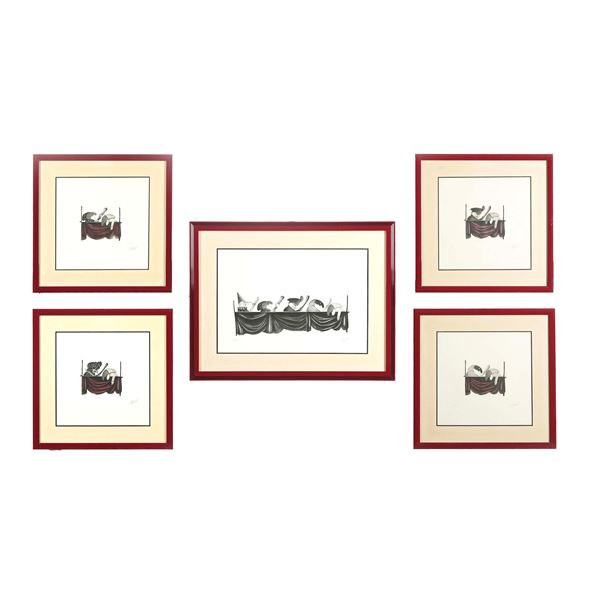 Cinque litografie umoristiche con Pulcinella