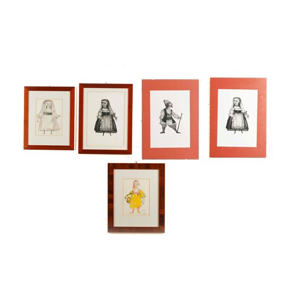 Cinque litografie raffigfuranti personaggi caricaturali