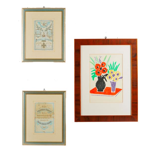 Lotto composto da un disegno e 2 manifesti in cornice