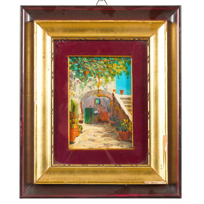 Olio tavola in cornice raffigurante cortile  - Auction Antiques - Cambi Casa d'Aste