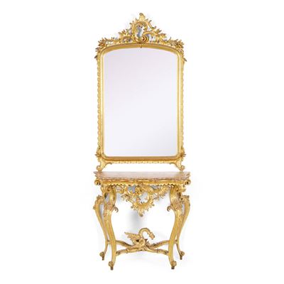 Consolle con Specchiera in Legno Intagliato e Dorato. XIX Secolo