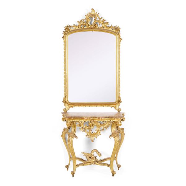 Consolle con specchiera in legno intagliato e dorato. XIX secolo