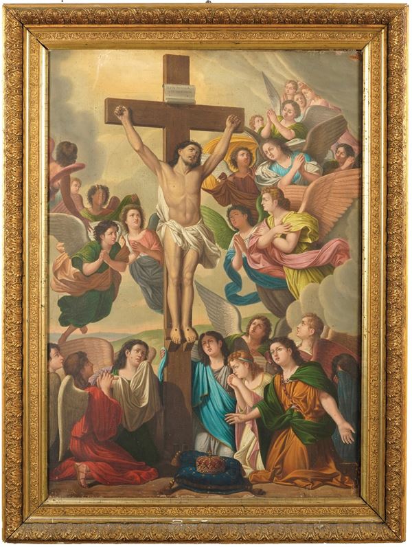 Pittore del XIX secolo Cristo Crocifisso vegliato dagli angeli