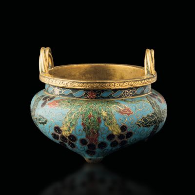 Incensiere in Bronzo Dorato a Smalti Cloisonné, Cina, Dinastia Qing, Epoca Qianlong (1736-1796)