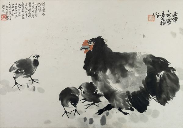 Dipinto raffigurante gallina con pulcini e iscrizioni, Xu Bei Hong (1895-1953), inchiostro su carta