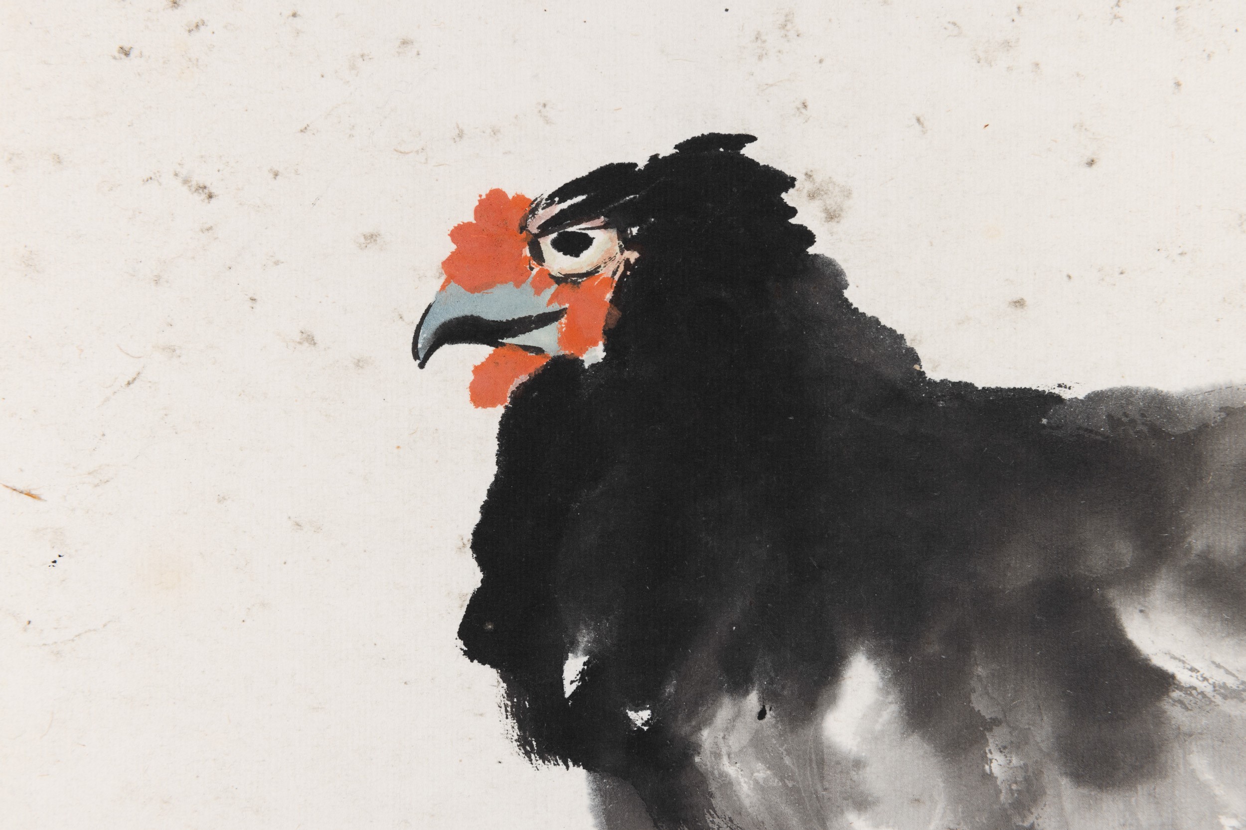Dipinto Raffigurante Gallina con Pulcini e Iscrizioni, Xu Bei Hong (1895-1953), Inchiostro su Car...