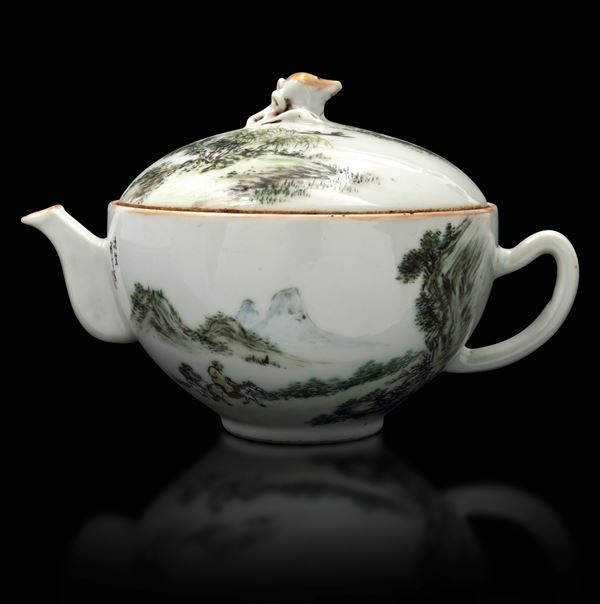 Teiera in porcellana Qian Jiang raffigurante scena di paesaggio, firma Ci Li Cheng Yan, Cina, XX secolo