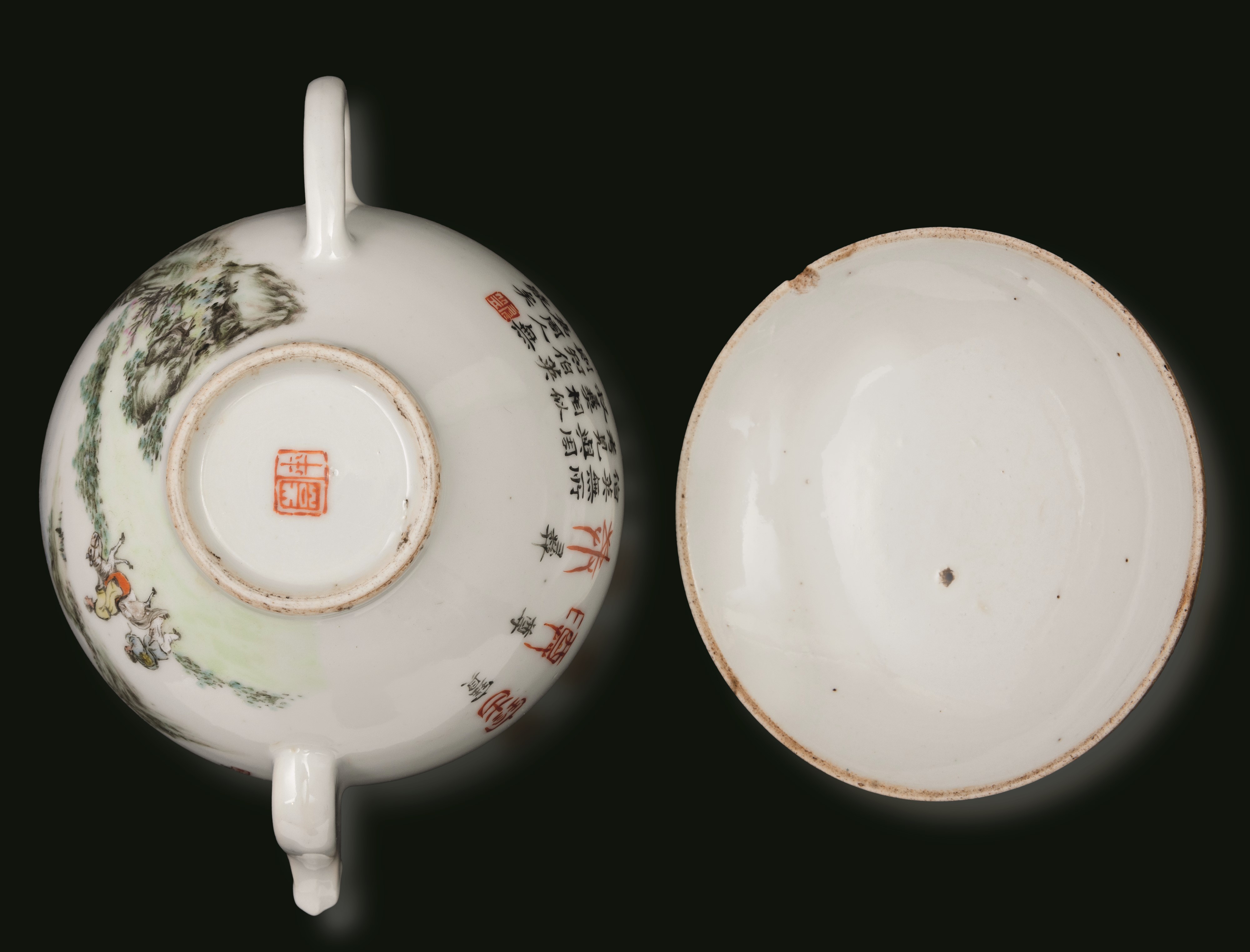 Teiera in Porcellana Qian Jiang Raffigurante Scena di Paesaggio, Firma Ci Li Cheng Yan, Cina, XX ...
