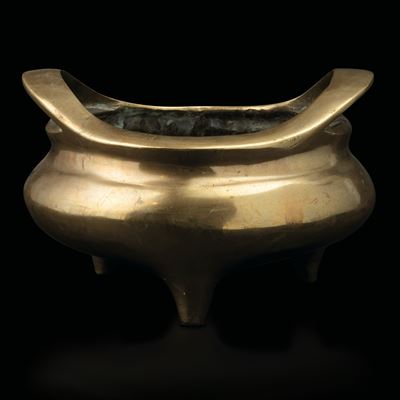 Incensiere Tripode in Bronzo Dorato con Doppia Ansa, Cina, Dinastia Qing, XVIII Secolo
