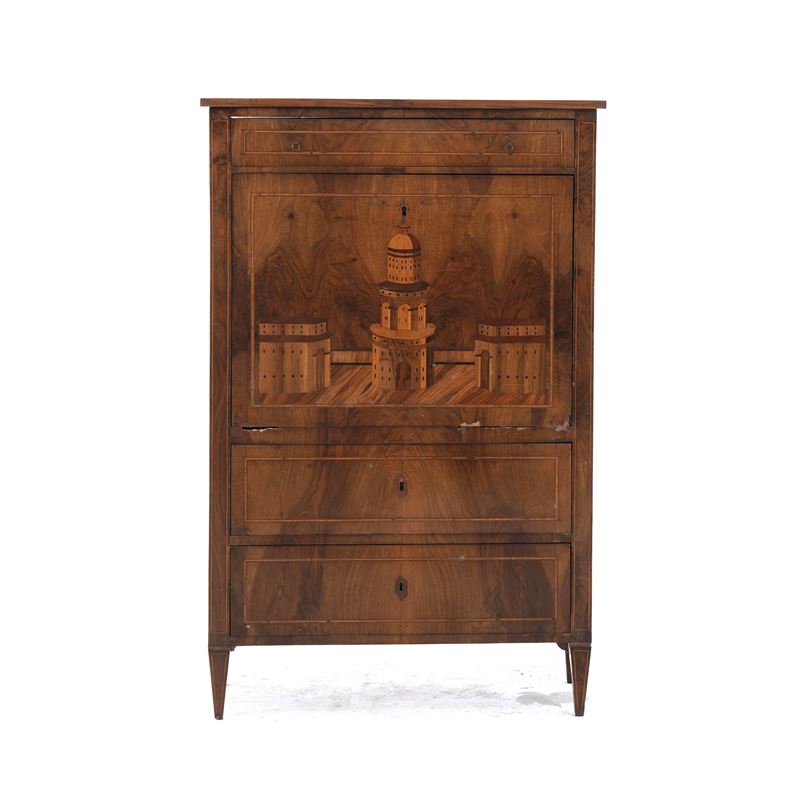 Secretaire lastronato, filettato e intarsiato ad architetture. XIX-XX secolo  - Auction Antiques - Cambi Casa d'Aste