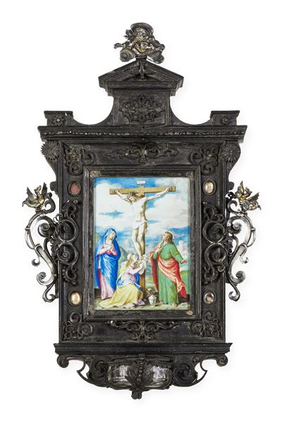 Roma o Firenze, XVI - XVII Secolo Importante Acquasantiera Architettonica con Crocefissione Dipin...