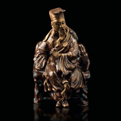 Figura di uno dei 8 Immortali in Porcellana - Finto Bronzo con Dettagli in Blu, Cina, Dinastia Qi...