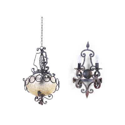 Lampada Pensile in Ferro e Vetro Giallo e Applique in Ferro a Due Luci