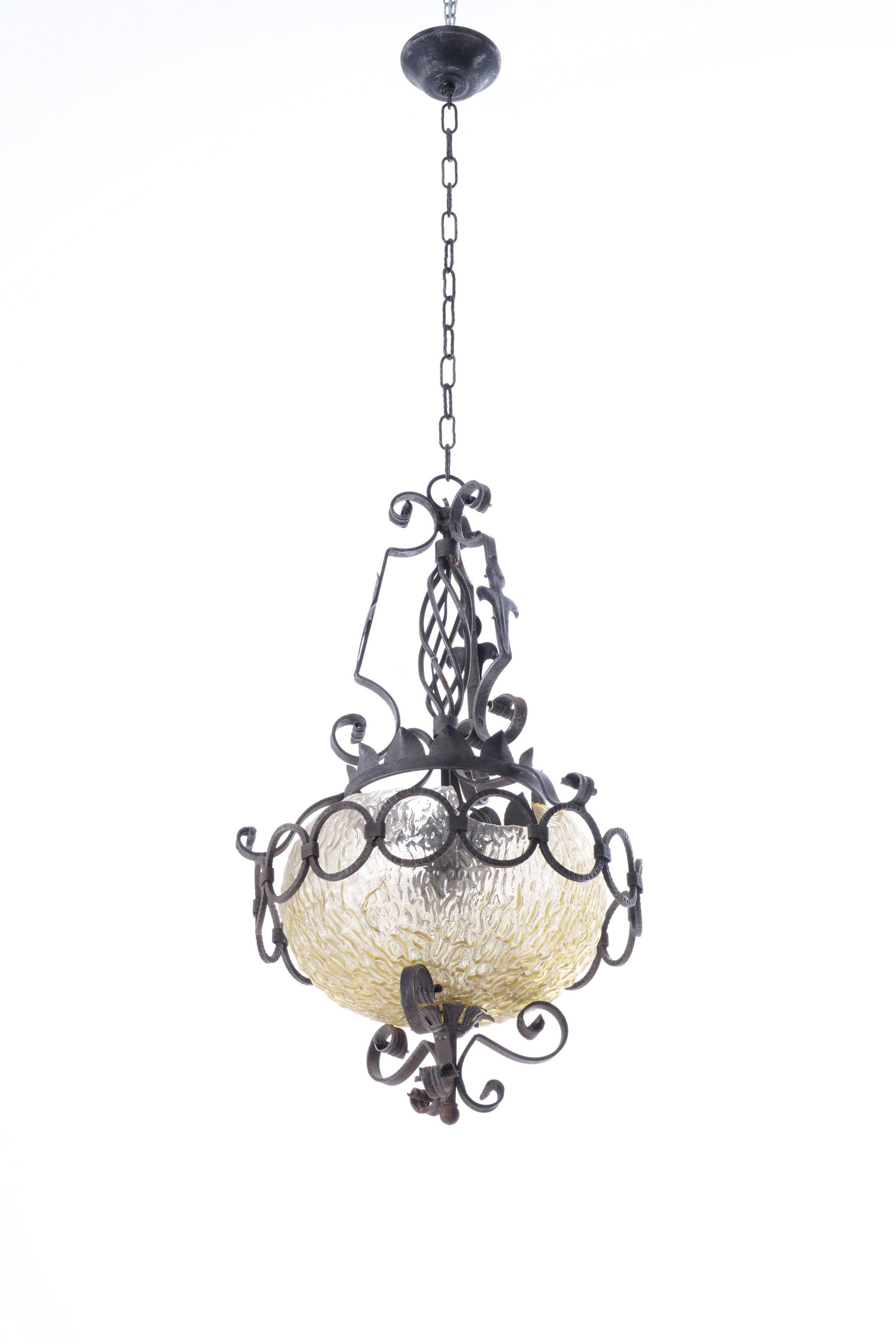 Lampada pensile in ferro e vetro giallo con applique in ferro a due luci