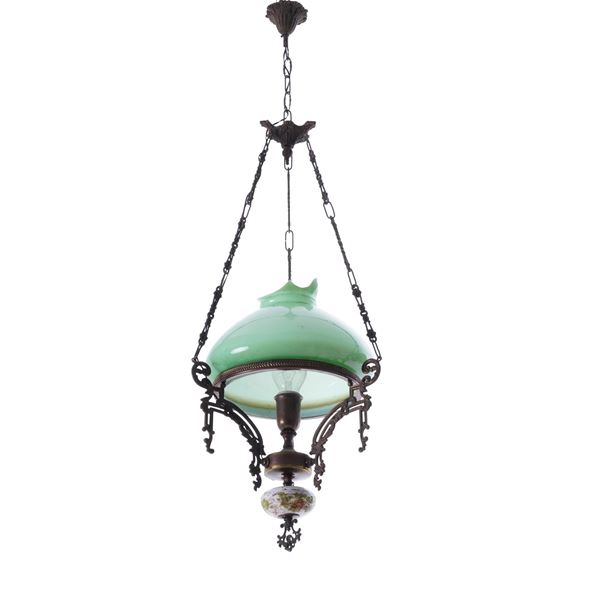 Lampada pensile in metallo e ceramica policroma