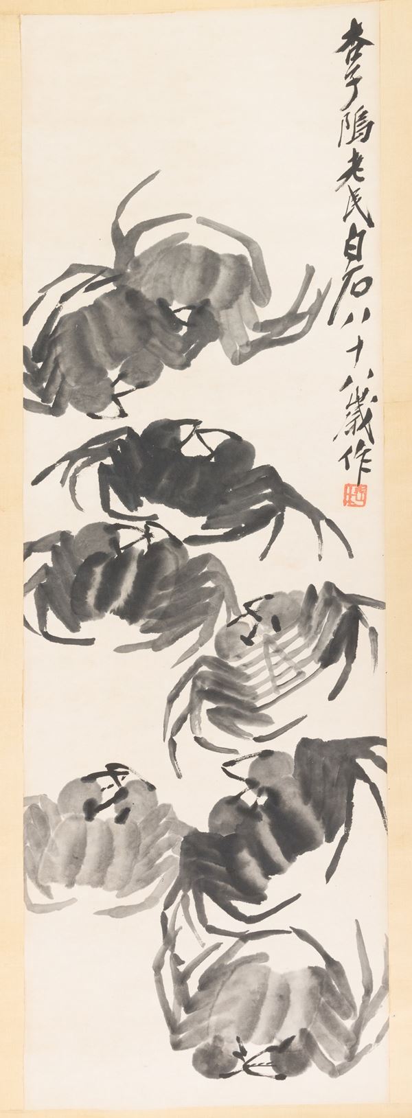 Scroll on paper titled “Crabs,” Qi Baishi, ink on paper, with inscriptions, China, 20th century