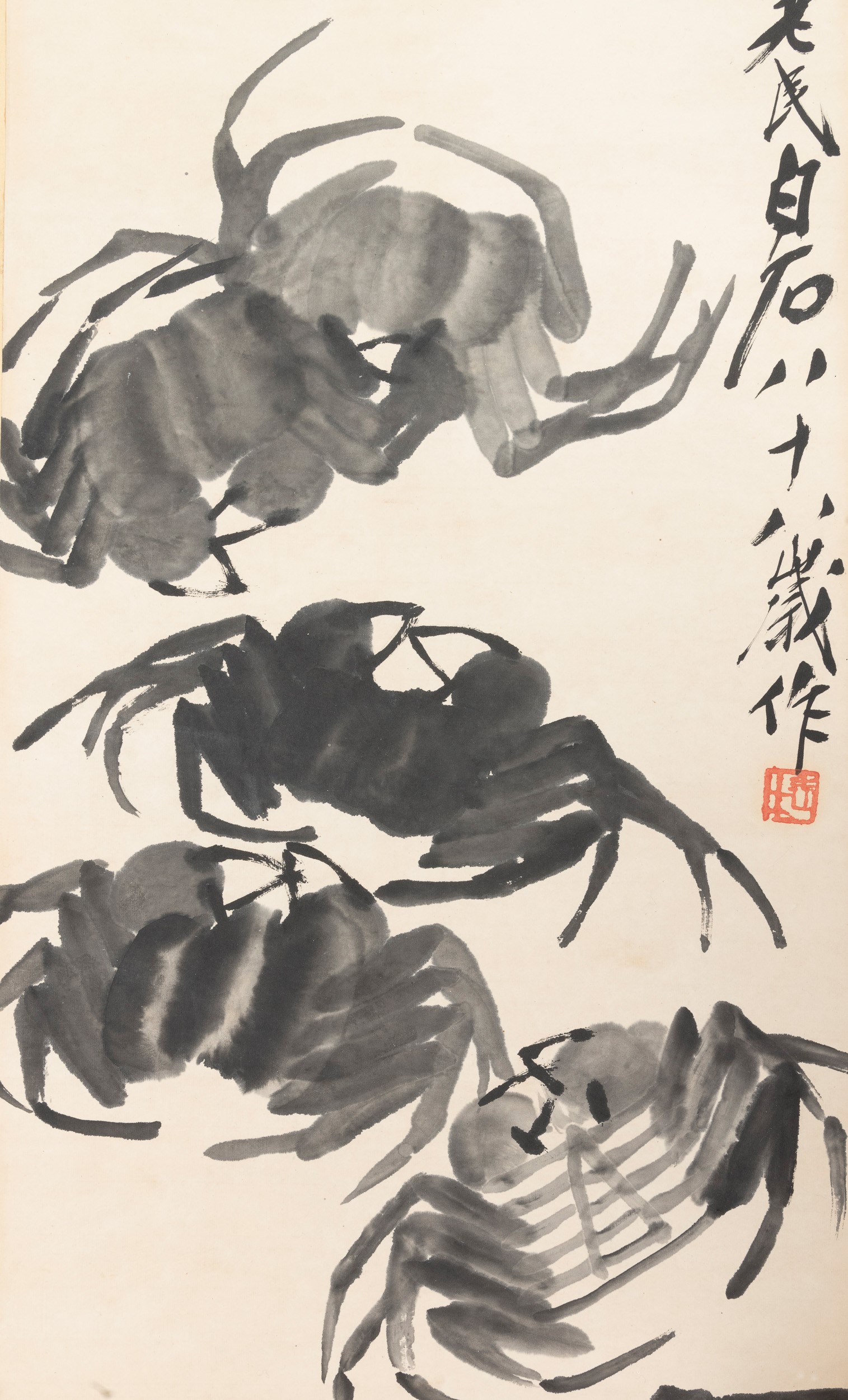 Scroll su Carta Titolato "granchi", Qi Baishi, Inchiostro su Carta, con Iscrizioni, Cina, XX Seco...