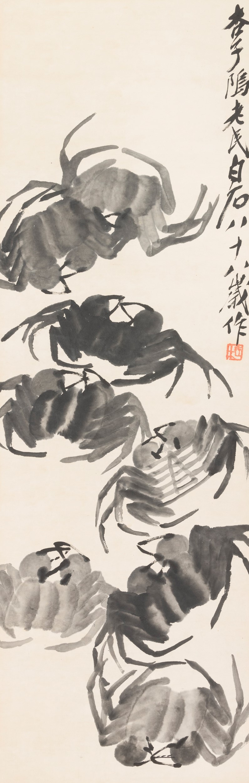 Scroll su Carta Titolato "granchi", Qi Baishi, Inchiostro su Carta, con Iscrizioni, Cina, XX Seco...