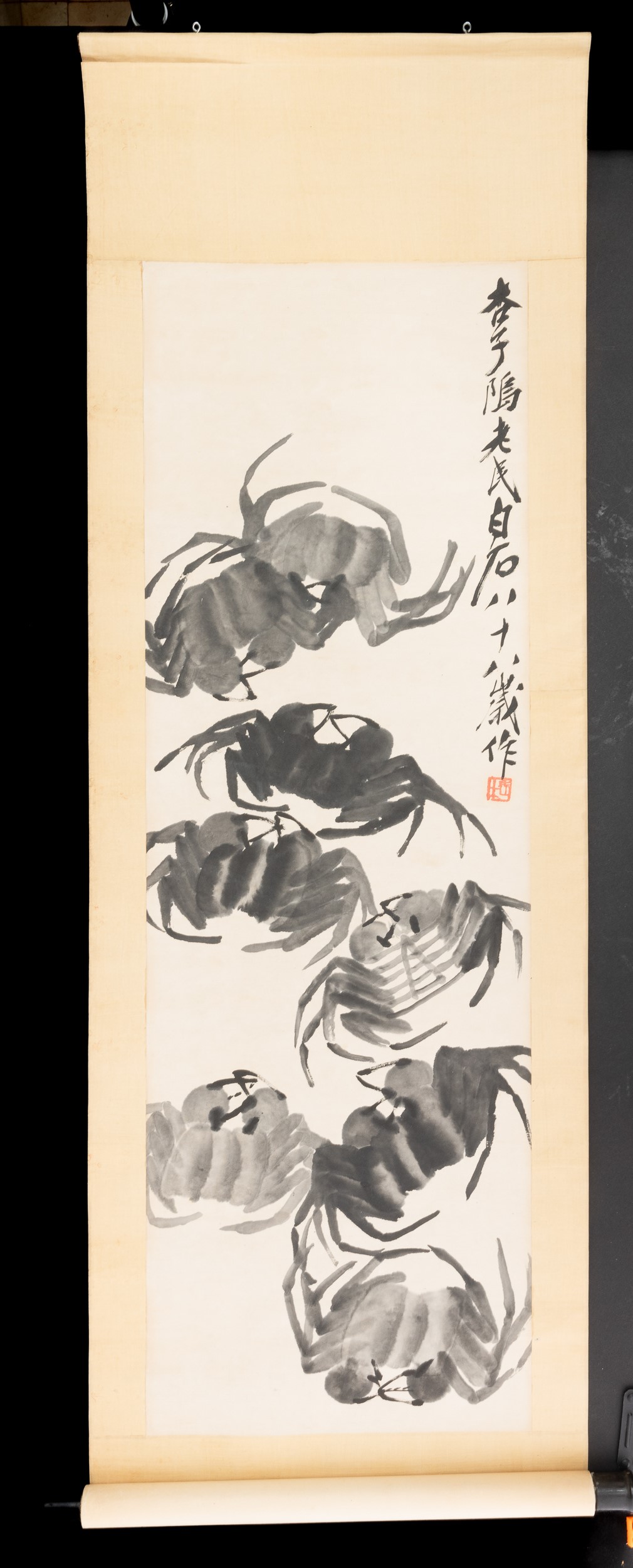 Scroll su Carta Titolato "granchi", Qi Baishi, Inchiostro su Carta, con Iscrizioni, Cina, XX Seco...