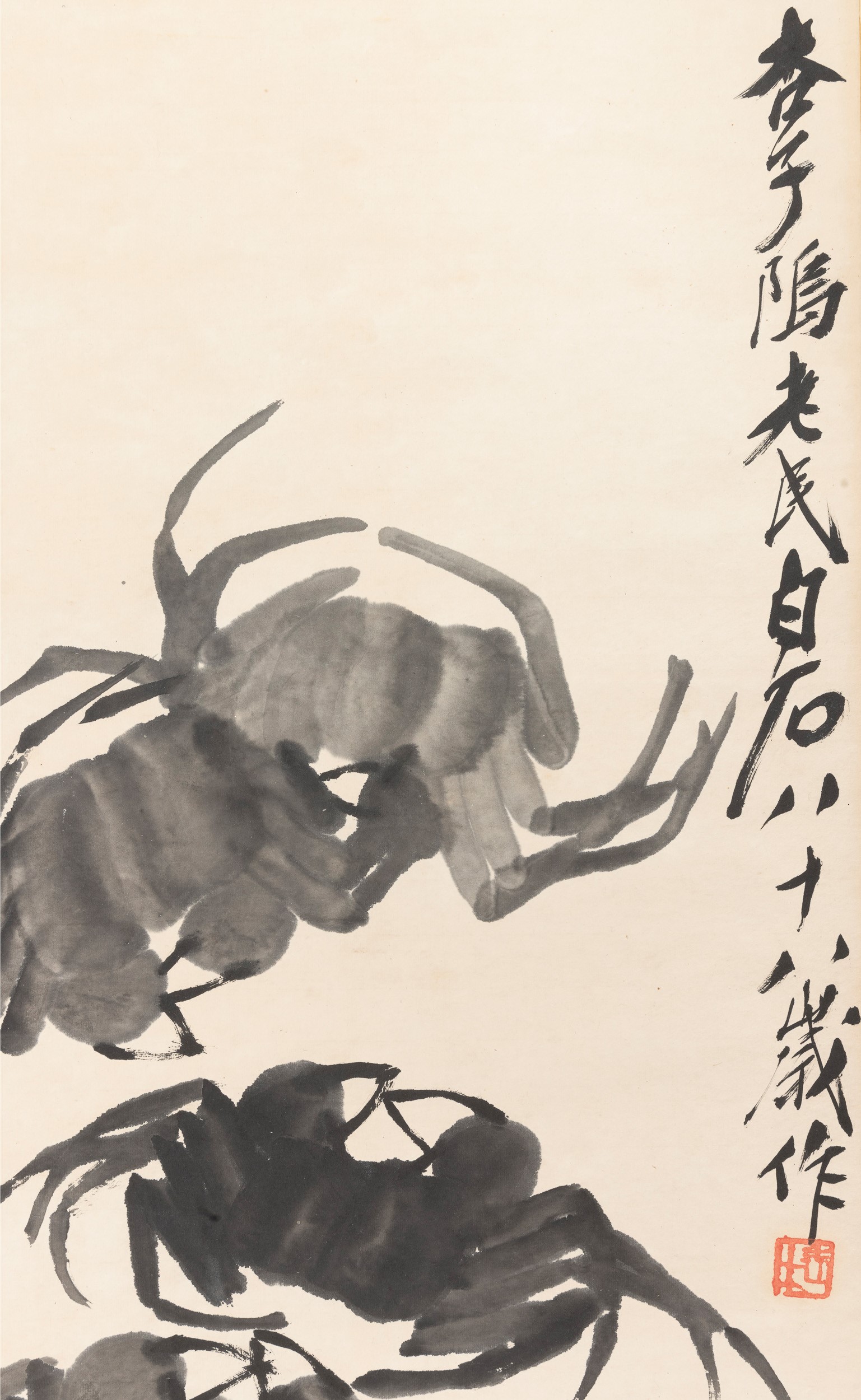 Scroll su Carta Titolato "granchi", Qi Baishi, Inchiostro su Carta, con Iscrizioni, Cina, XX Seco...