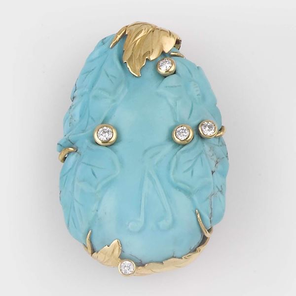 Spilla con turchese inciso e diamanti