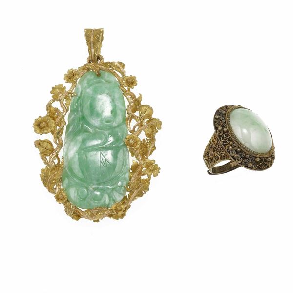 Jadeite and gold pendant and jadeite and silver ring