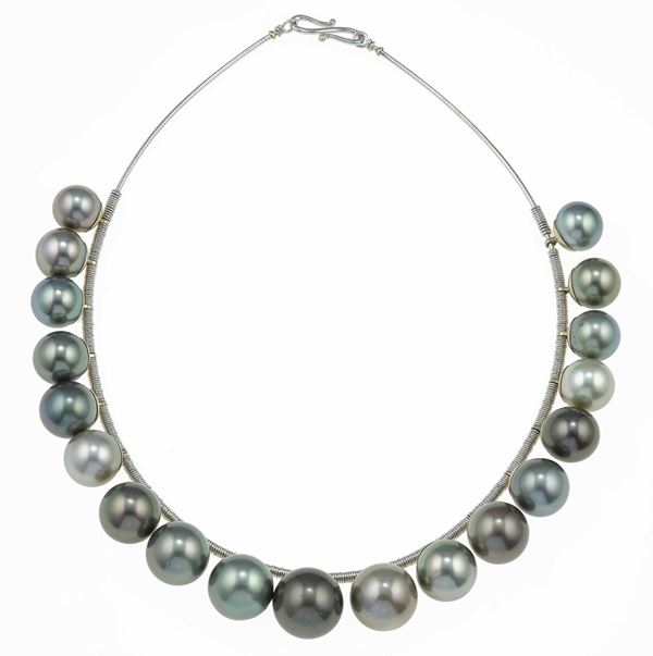 Cultured pearl, gold and steel necklace