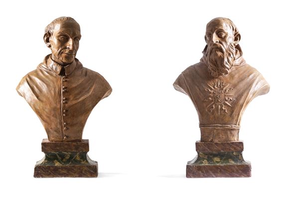Plasticatore barocco bolognese, XVII-XVIII secolo Coppia di busti raffiguranti San Carlo Borromeo e San Francesco da Paola