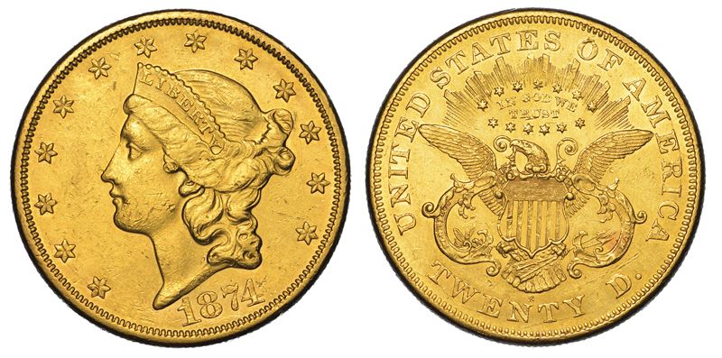 USA. REPUBLIC. 20 Dollars “Liberty Head” 1874. Zecca di San Francisco, California.  - Auction Numismatics - Cambi Casa d'Aste