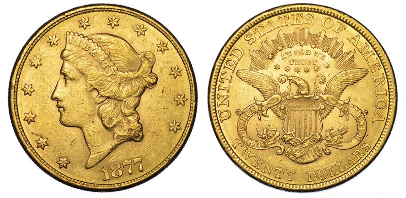 USA. REPUBLIC. 20 Dollars “Liberty Head” 1877. Zecca di Philadephia, Pennsylvania.  - Auction Numismatics - Cambi Casa d'Aste