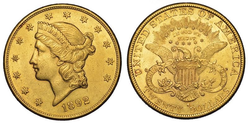 USA. REPUBLIC. 20 Dollars “Liberty Head” 1892. Zecca di San Francisco, California.  - Auction Numismatics - Cambi Casa d'Aste