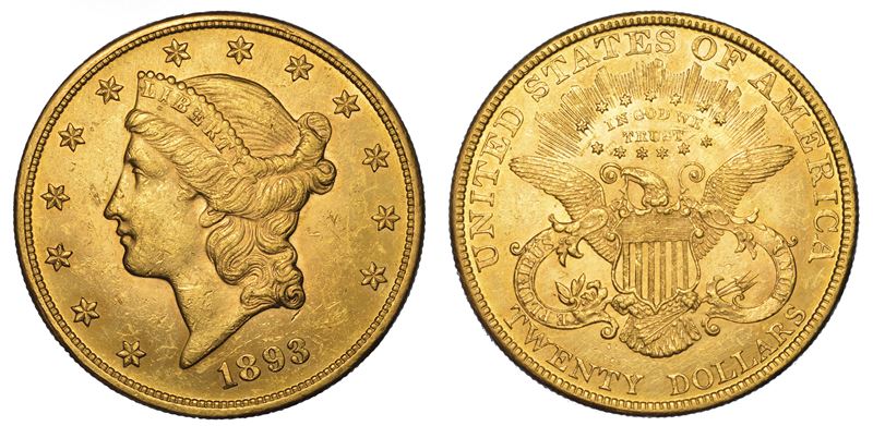 USA. REPUBLIC. 20 Dollars “Liberty Head” 1893. Zecca di Philadephia, Pennsylvania.  - Auction Numismatics - Cambi Casa d'Aste