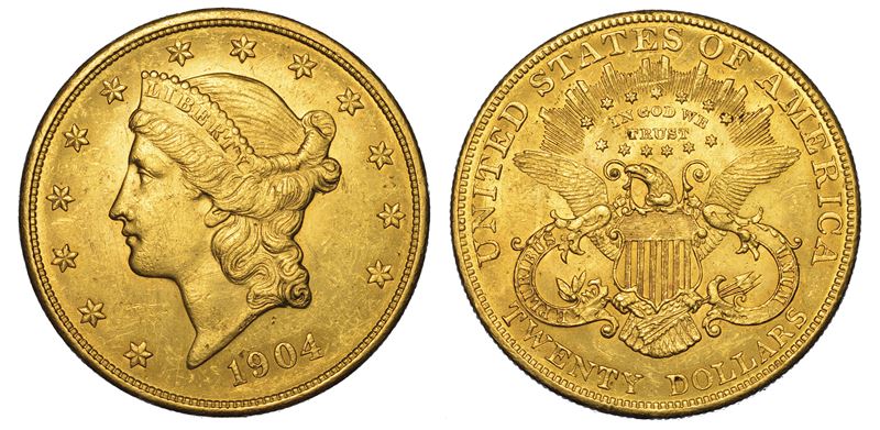USA. REPUBLIC. 20 Dollars “Liberty Head” 1904. Zecca di Philadephia, Pennsylvania.  - Auction Numismatics - Cambi Casa d'Aste